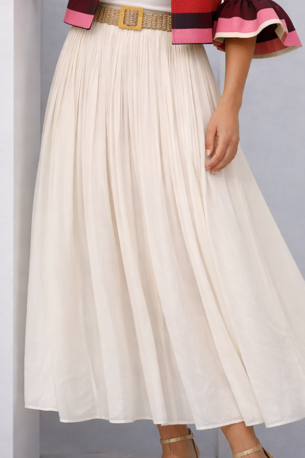 Anja skirt includes belt, pleated satin cotton, elastic waist, 4 colors sizes (36-46)