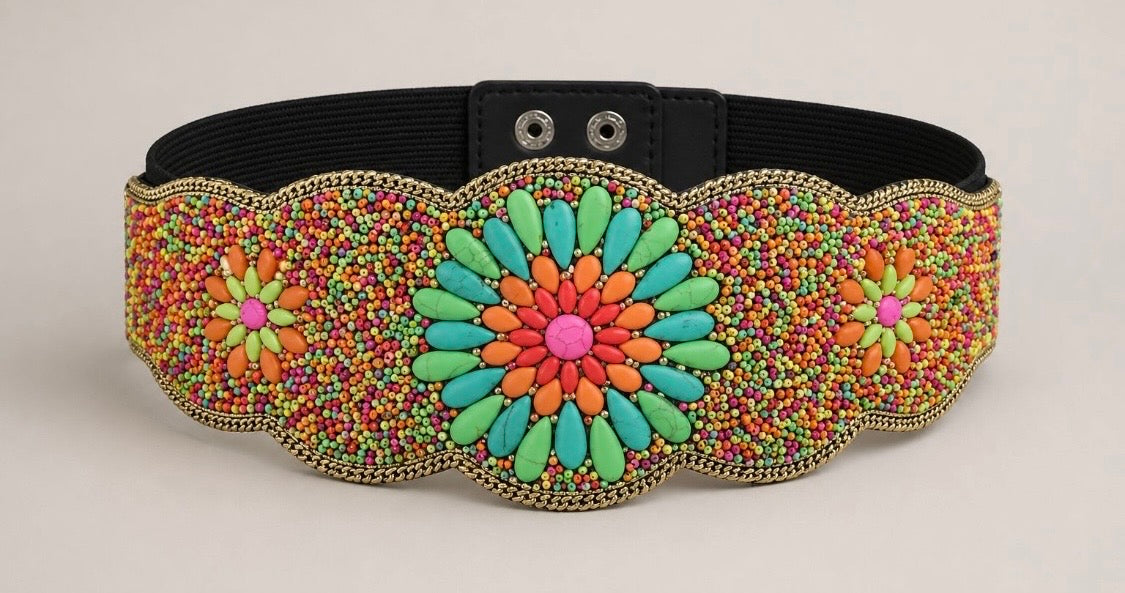 Cinturón India piedras elástico talla única 14 colores y formas (36-50)