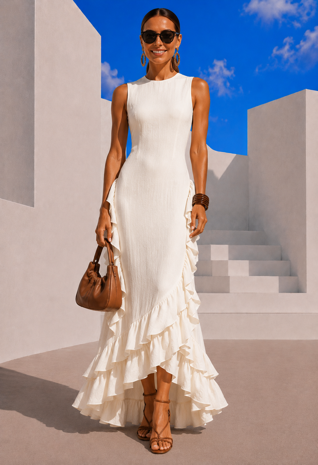 Hello linen-viscose dress with flounce and drape, 3 plain colours, sizes (34-48) video