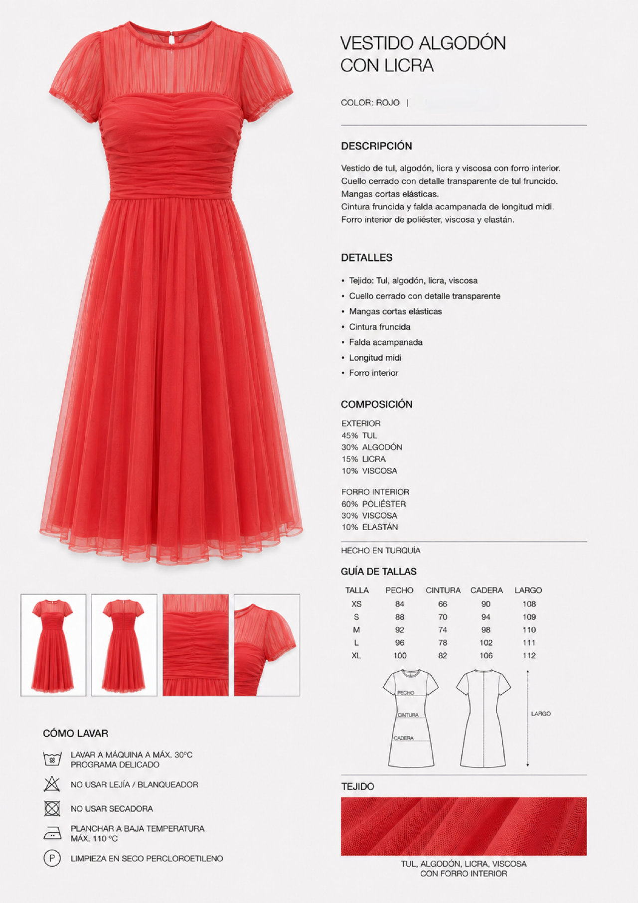 Vestido Quevedo punto licra, gasa, viscosa y tul, pecho y cintura elastane, 2 colores, tallas (34-48) vídeo