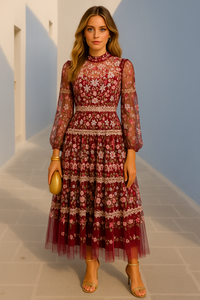 Melania dress, fully embroidered in tulle and lycra elastic mesh, 3 colors, sizes (36-48)