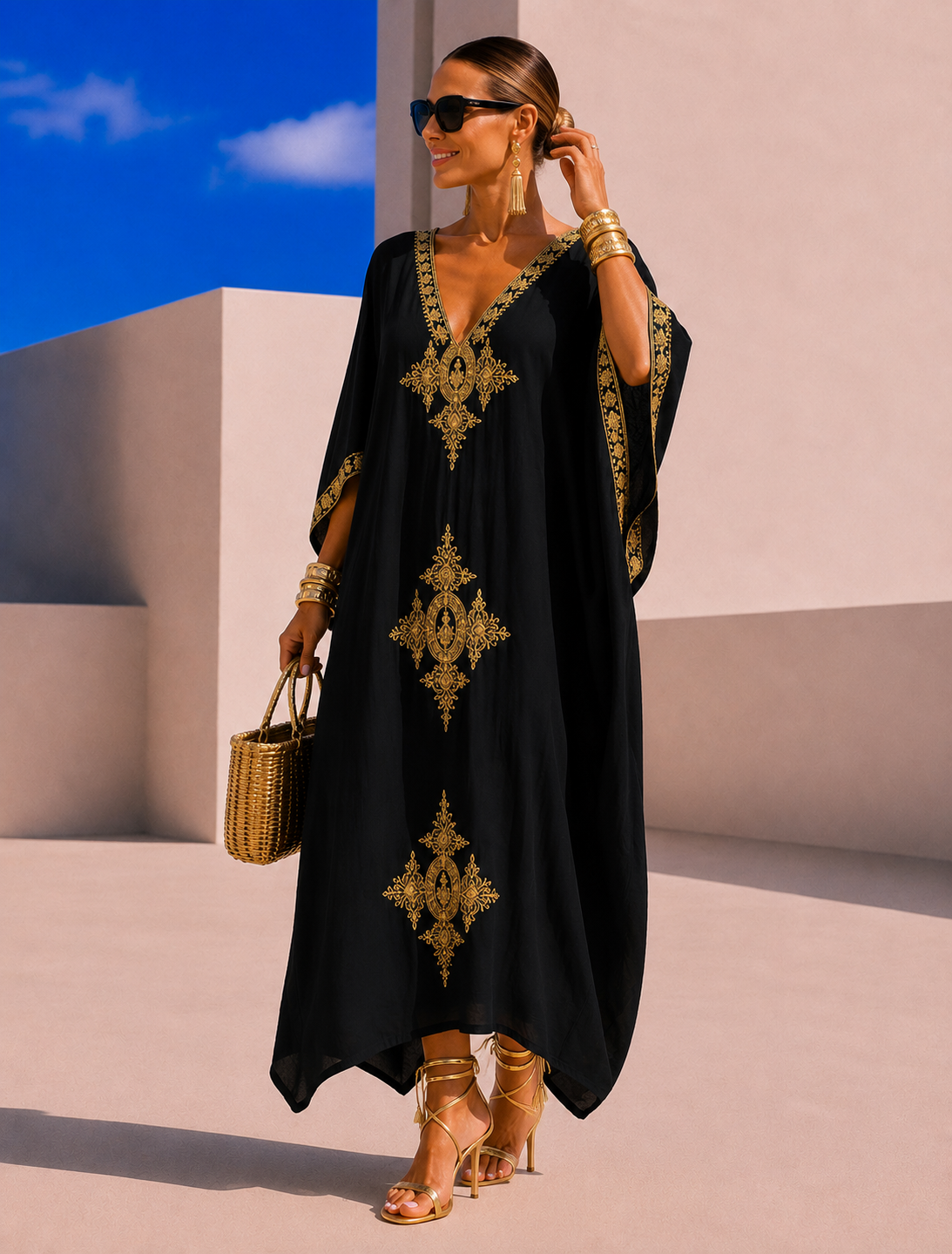 Túnica vestido Marrakesh bordado algodón viscosa, 5 colores, tallas (36-52) vídeo