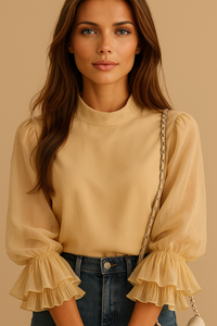 Chemise en dentelle plissée pour femmes, couture de couleur unie, nouveau chemisier, haut à volants, manches bouffantes, col rond, automne hiver 2023