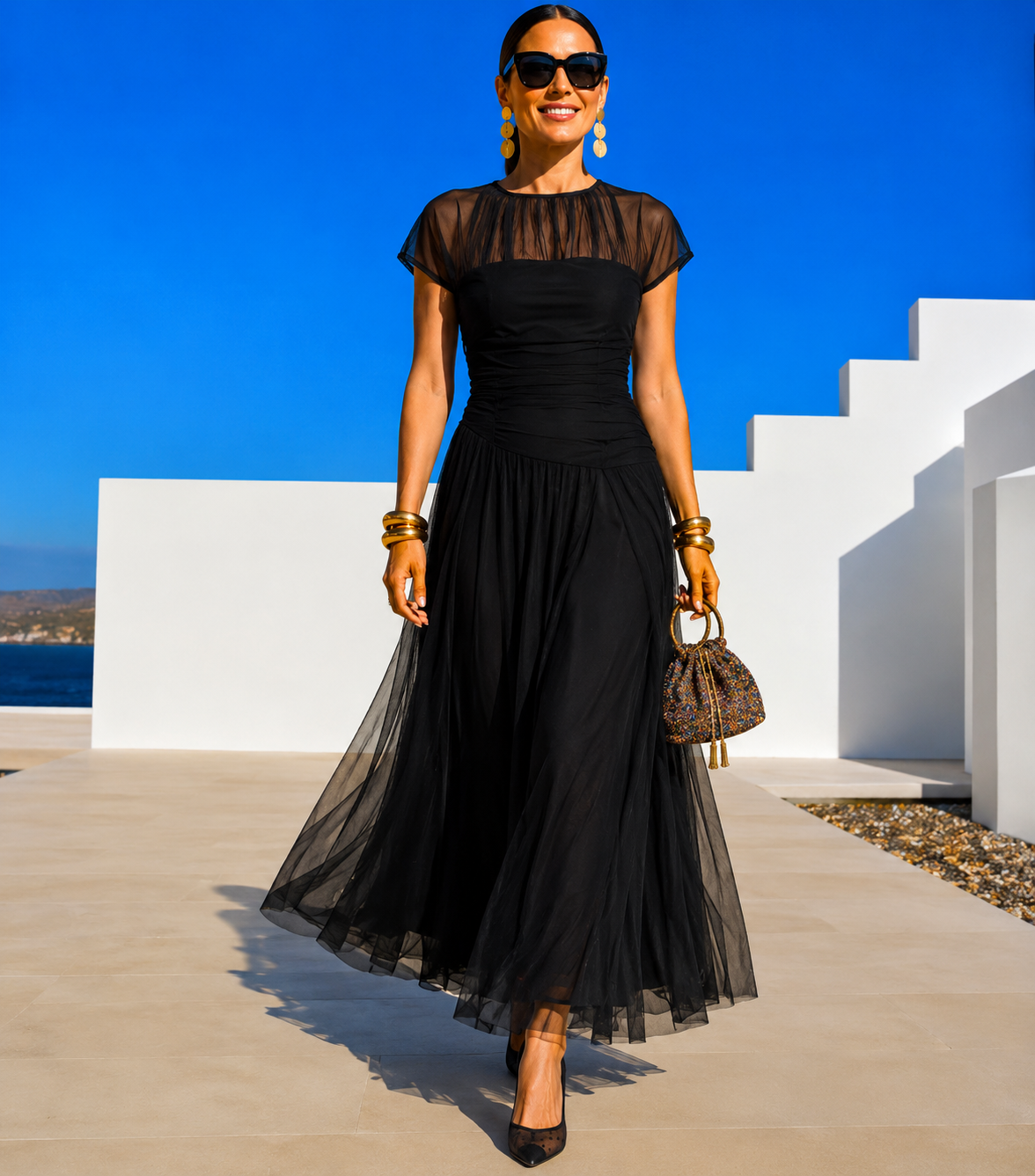 Quevedo dress in stretch Lycra, stretch bust and waist, chiffon, viscose, 2 colors, sizes (34-48) video