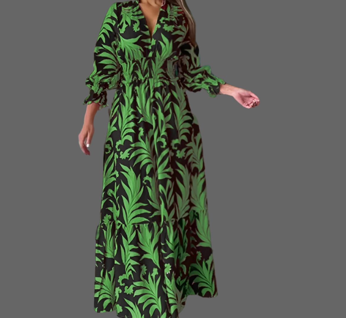 Long Caribbean dress with elasticated waist, printed, 6 colours, 6 sizes from 36-48