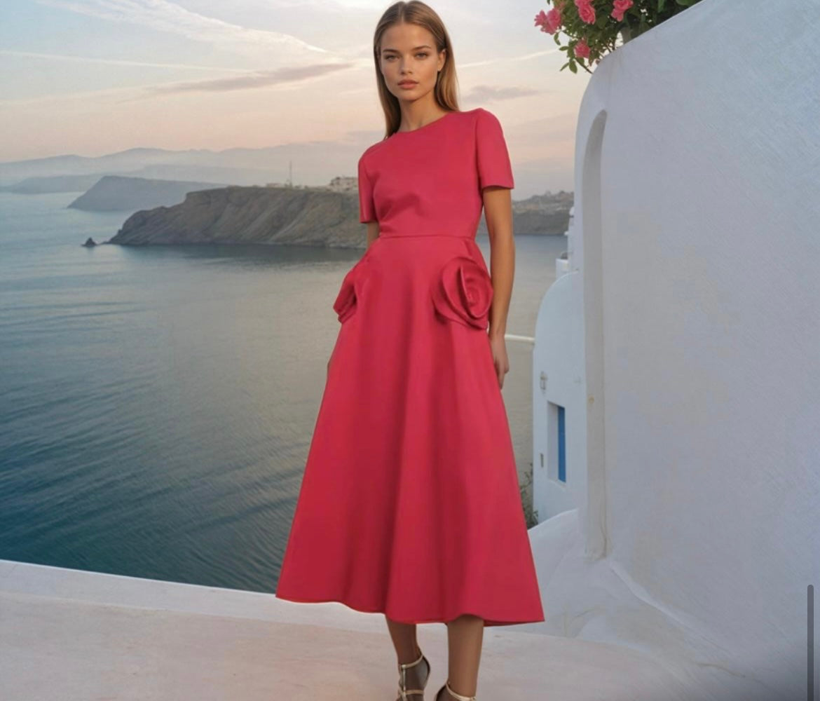 Vestido Flamenco flores MIdi de ALTA COSTURA strech crepe de algodón, 3 colores, 4 tallas(36-44) envios gratis en 7 dias