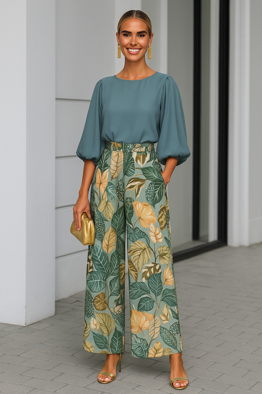 Conjunto Caribe 2 en 1 piezas camisa con puños de nido de abeja satinado y pantalón elástico parte trastera, 3 estampados, tallas (36-50)