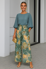 Conjunto Caribe 2 en 1 piezas camisa con puños de nido de abeja satinado y pantalón elástico parte trastera, 3 estampados, tallas (36-50)