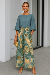 Conjunto Caribe 2 en 1 piezas camisa con puños de nido de abeja satinado y pantalón elástico parte trastera, 3 estampados, tallas (36-50)