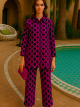 Conjunto Nataly blusa y pantalón con cintura  elástica, algodón satinado caída, tallas (36-48)