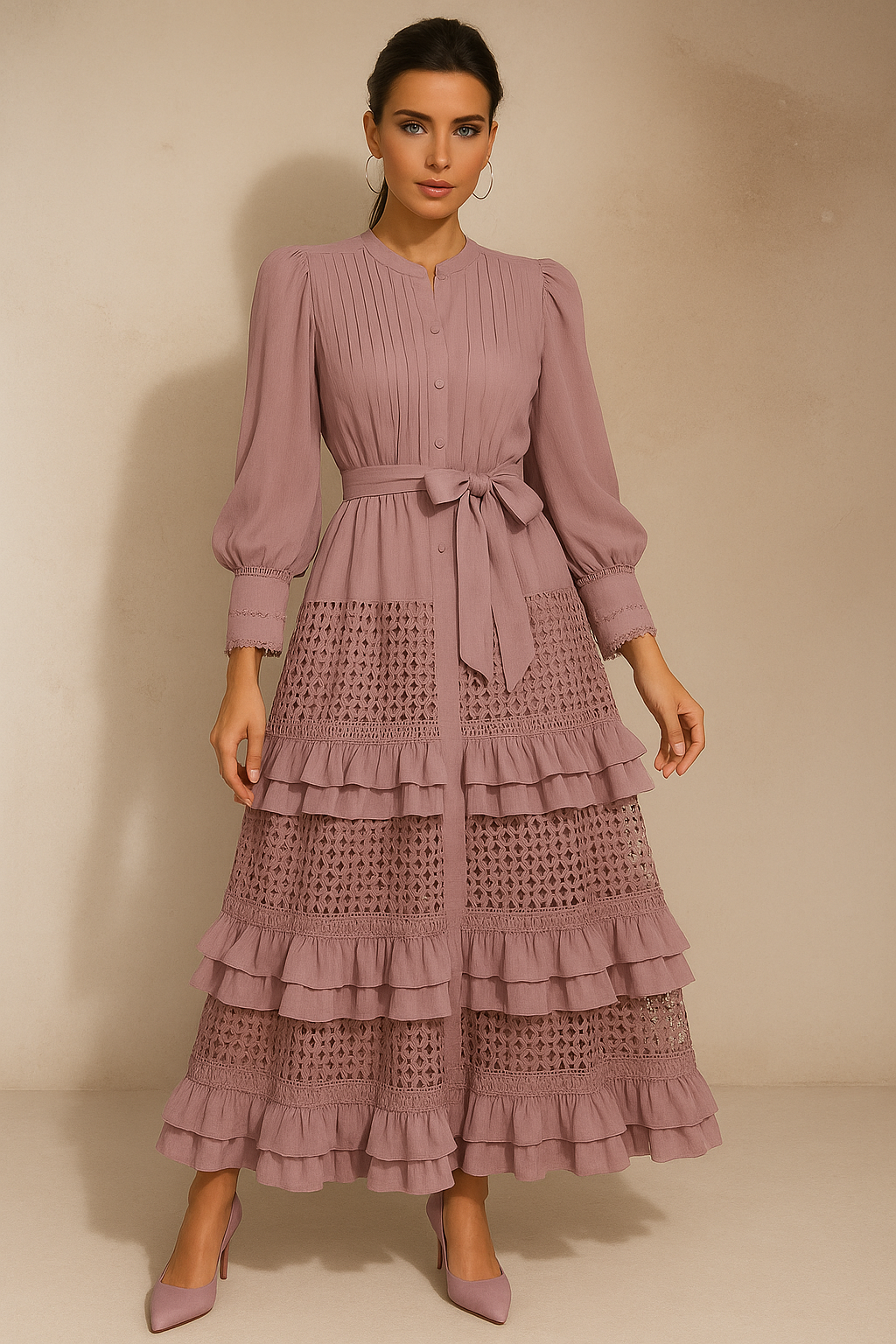 Vestido Karen de gasa de algodón con encaje y volantes, 4 colores, tallas (36-48)