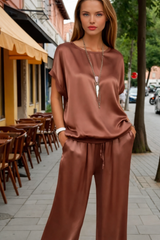 Estefan top y pantalón satinado elástico, 8 colores, talla (34-50)