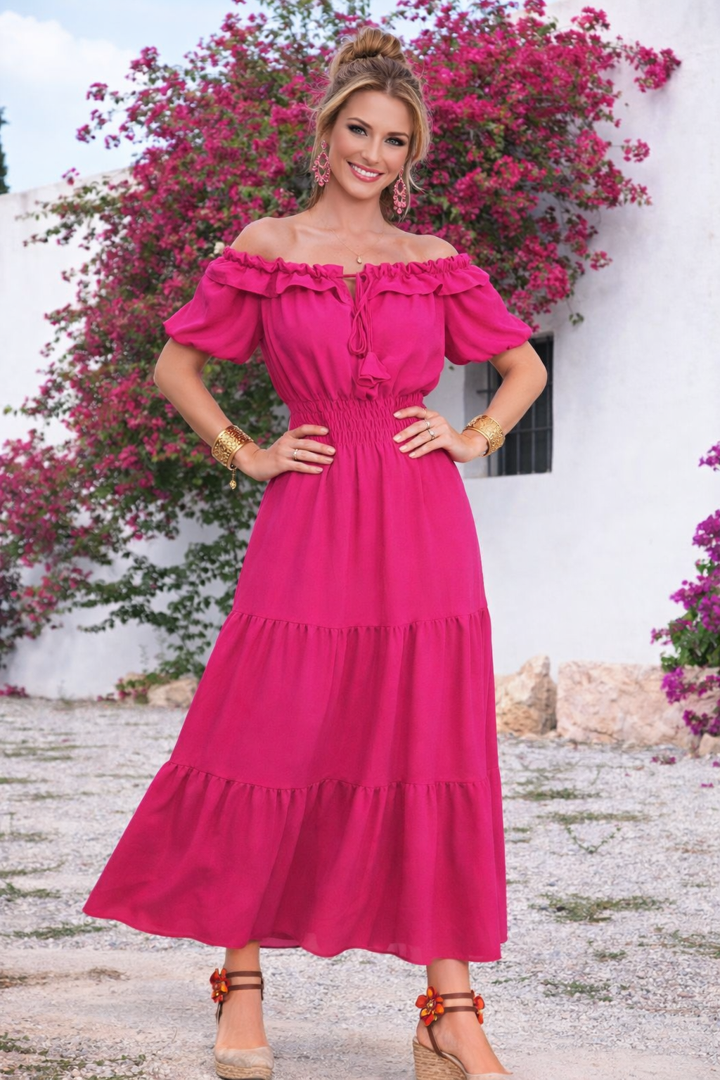 Valentine dress made of cotton lycra and elastane with elastic waistband, 5 colors, off-the-shoulder back, sizes (36-48) (video)