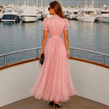Vestido Lamberty rosa nude gasa cintura trasera elástica, tallas (35-48)