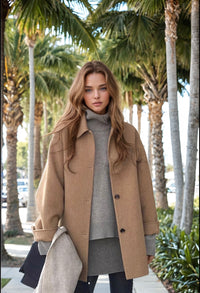 JMPRS Autumn Women Faux Wool Coat Long Sleeve Single Breasted Fashion Turn Down Female Blends Causal Loose Winter Outwear
