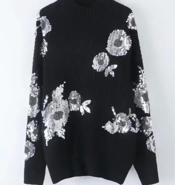 Jersey Malta punto cashemira flores lentejuelas, 3 tallas