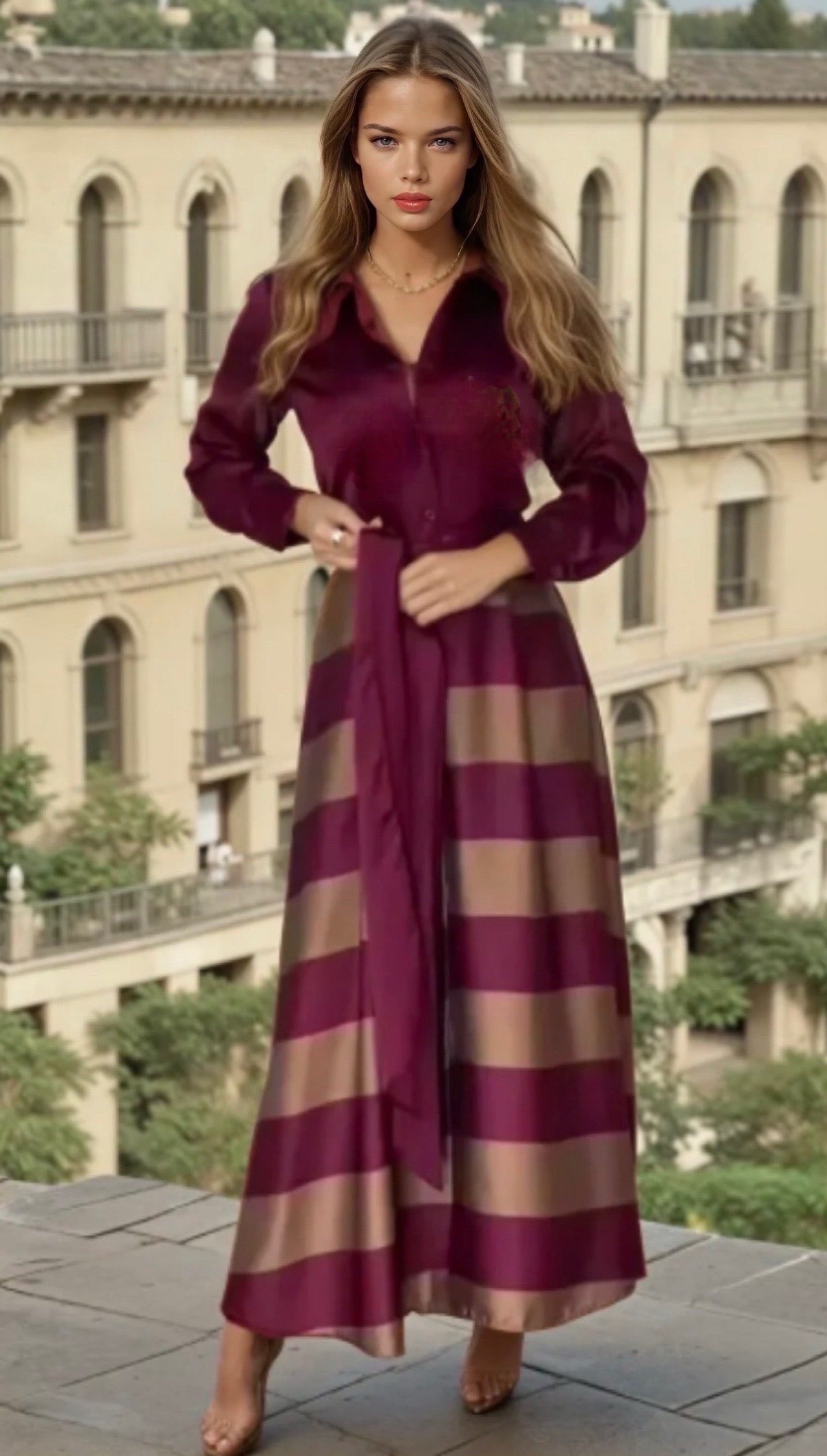 Mintlis women, satin cotton, open V-neck, Chantalle striped dress, sizes (36-50)