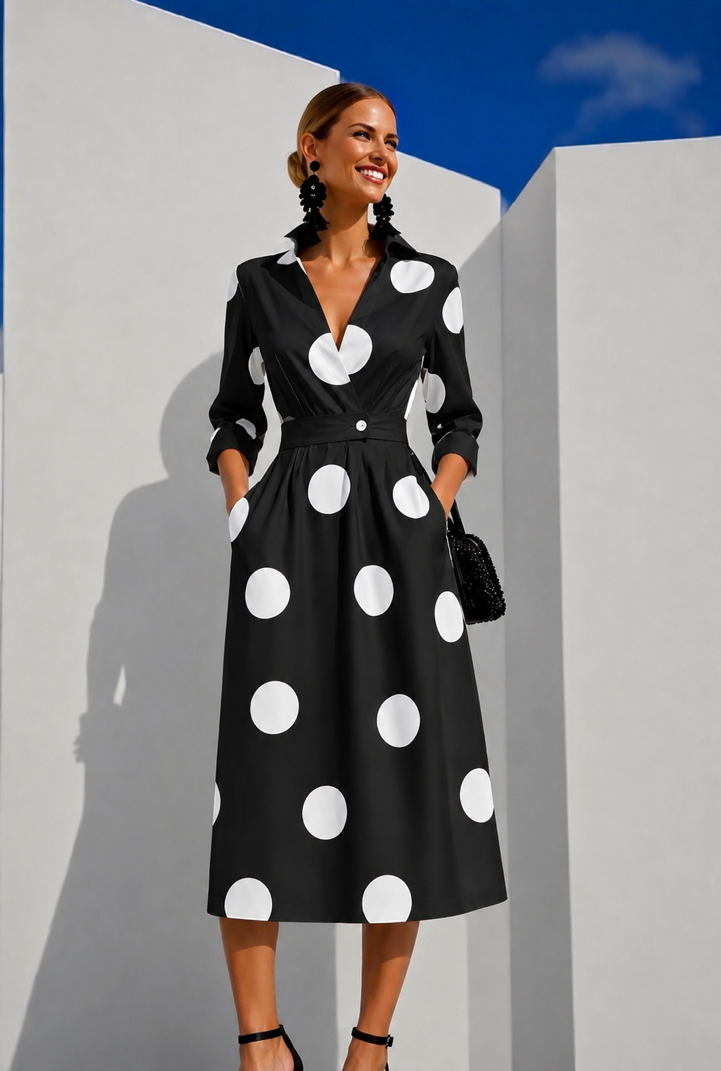 Lantern dress with polka dots, elasticated back waist, 2 prints, sizes (36-52)
