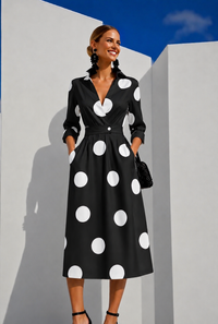 Lantern dress with polka dots, elasticated back waist, 2 prints, sizes (36-52)