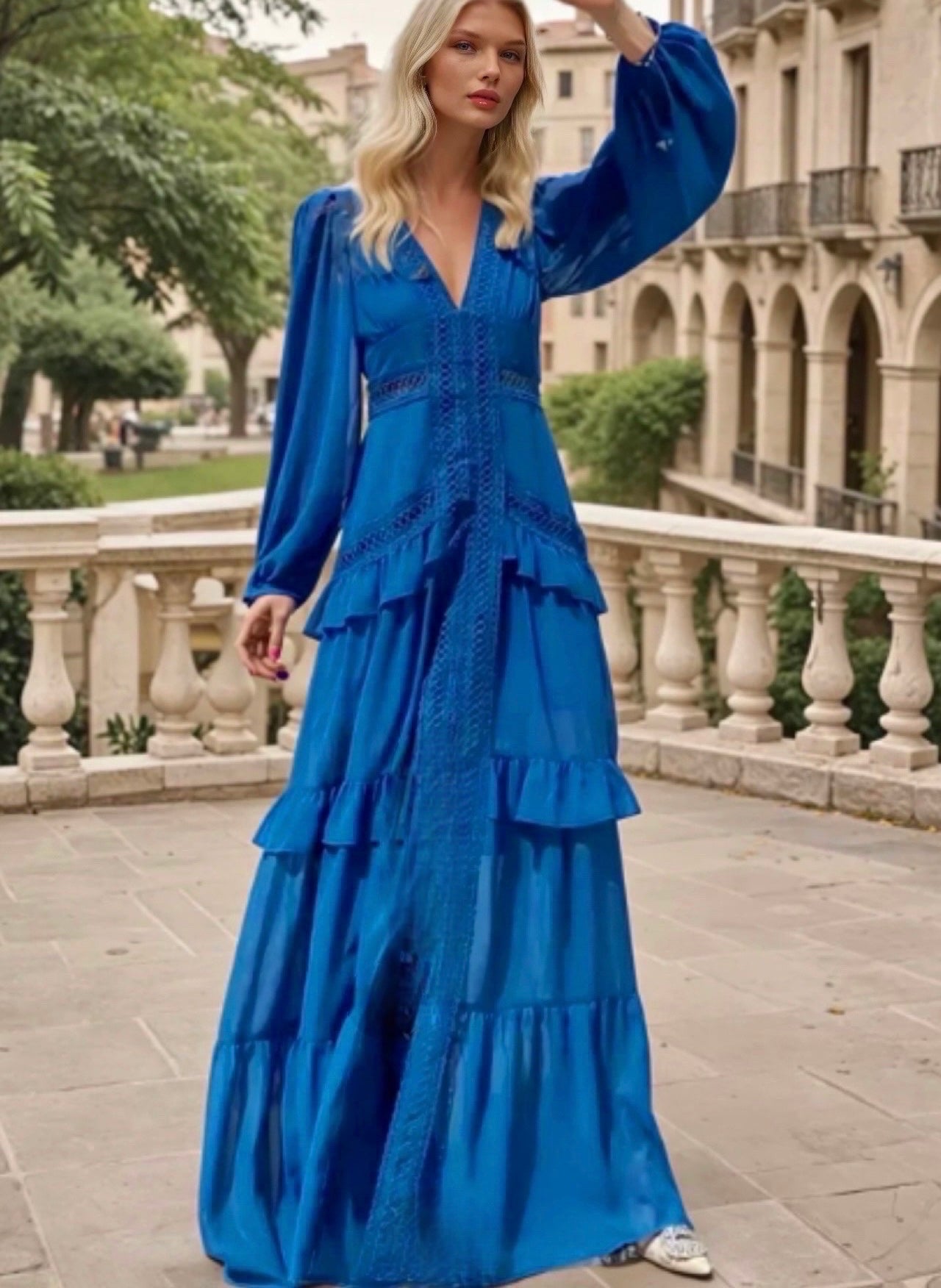 Mintlis mujer, crepe de gasa crotchet, vestido Aisha azul, tallas (36-44)