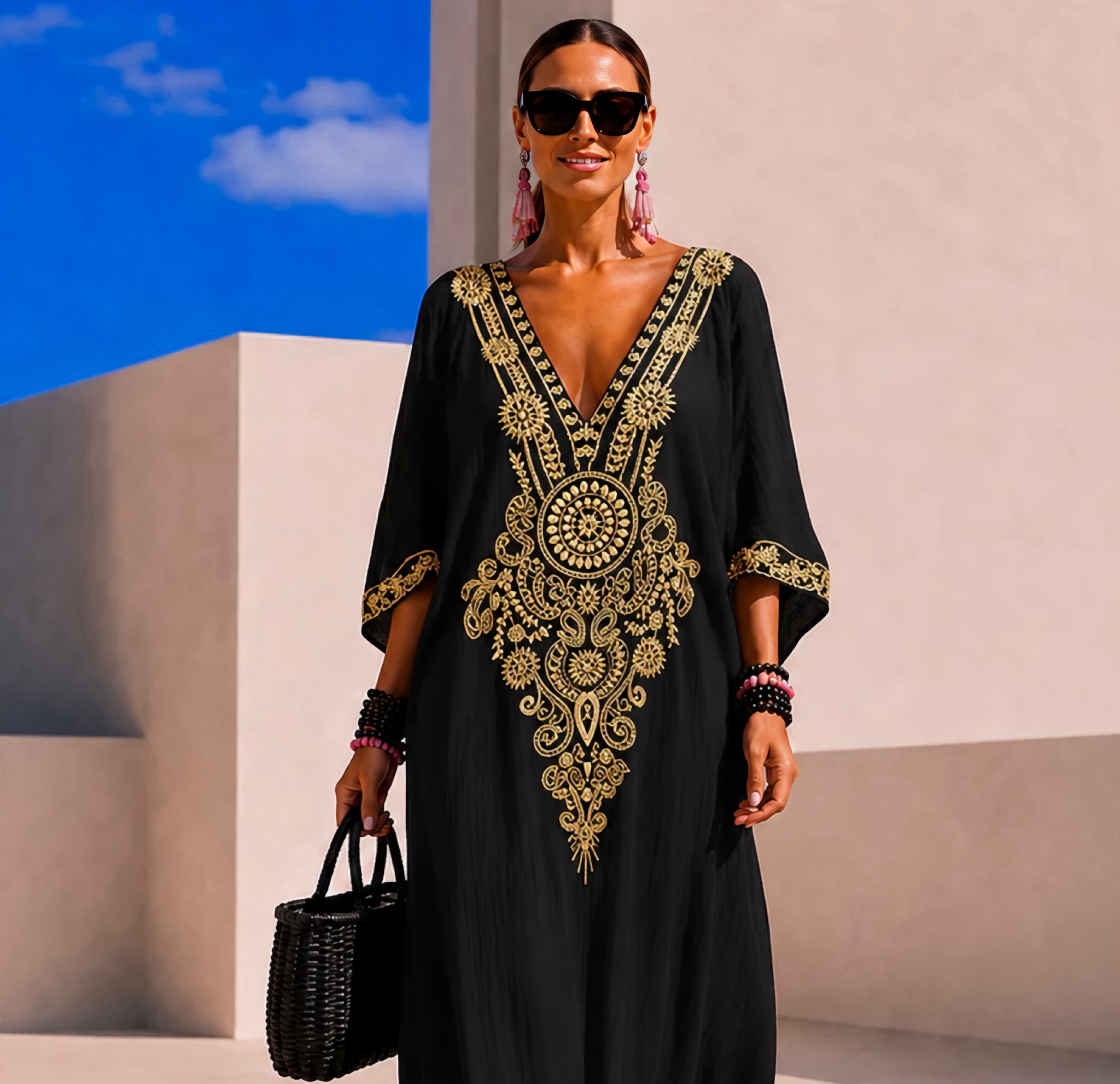 Túnica vestido Marrakesh bordado algodón viscosa, 5 colores, tallas (36-54) vídeo