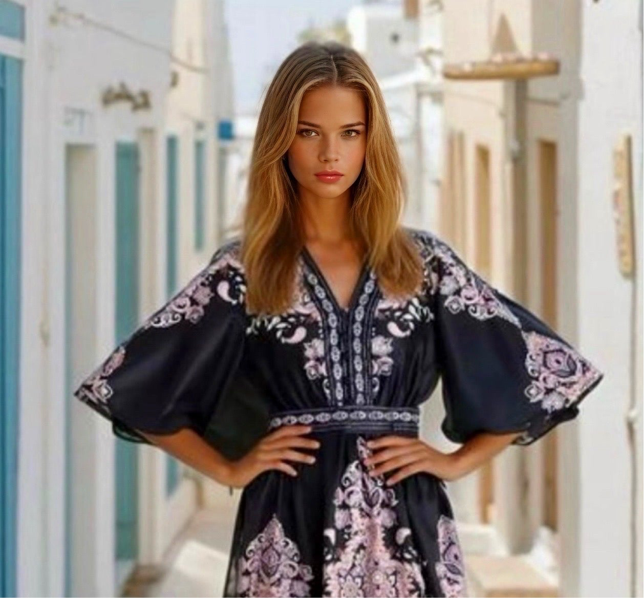 Butterfly cotton linen dress with belt included, sizes (36-46)