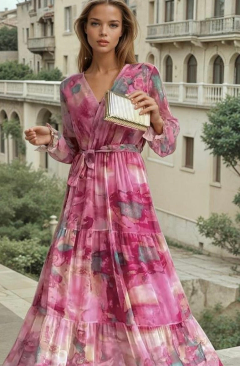 Vestido Milano rosa de gasa cruzado, 6 tallas (36-46)