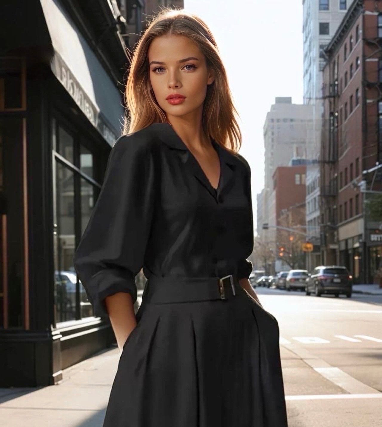 Vestido Holland algodón licra con bolsillos y cinturón, 3 colores, tallas (36-50)