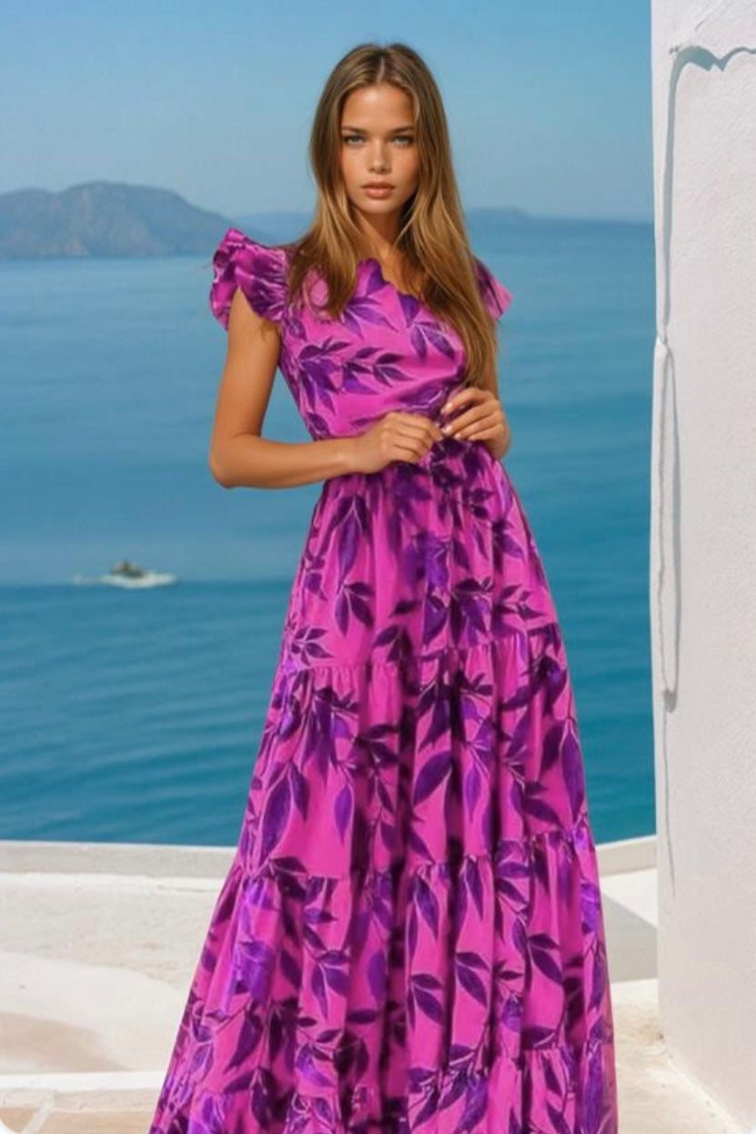 Sandy dress fuchsia purple flower ruffles, 6 sizes (36-46)