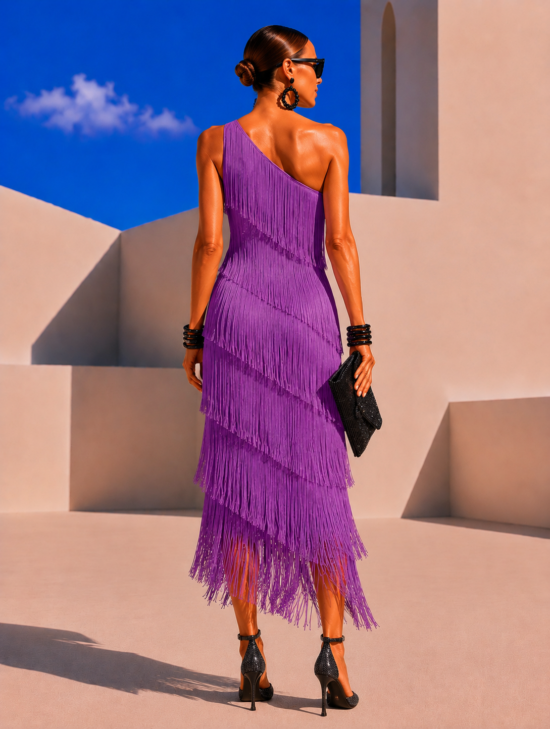 Vestido MYKONOS asimetríco flecos, 3 colores, tallas (36-46) vídeo