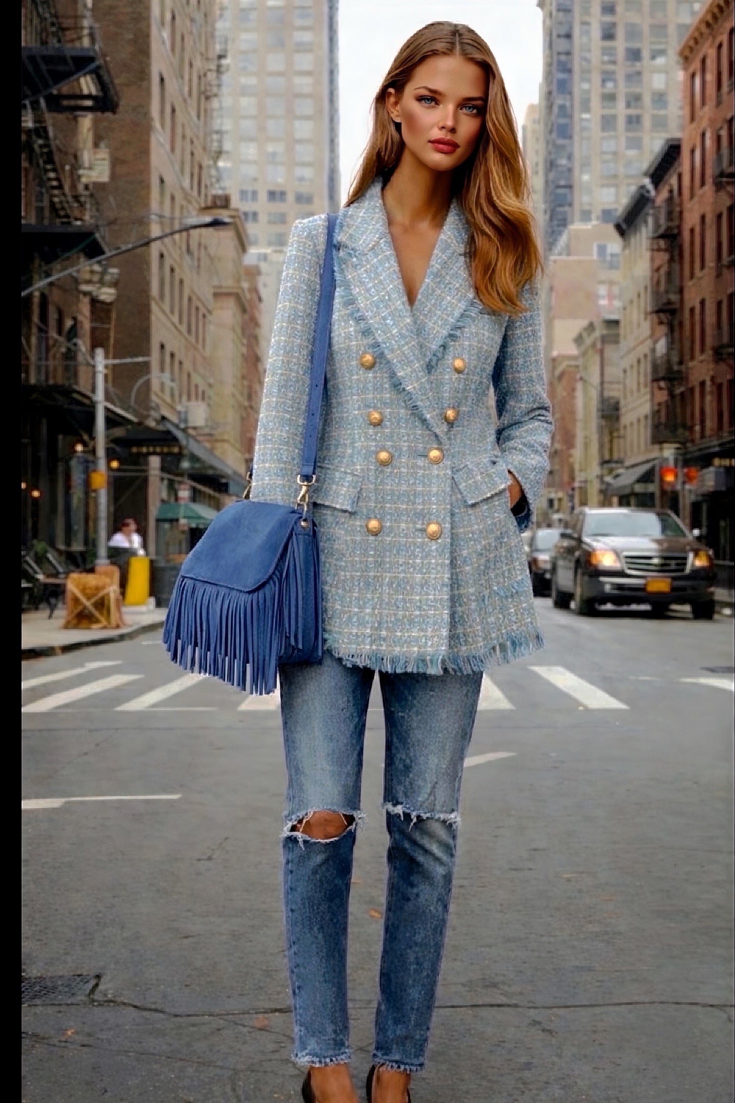 Blazer Cielo tweed larga cruzada de lana, tallas (36-48)