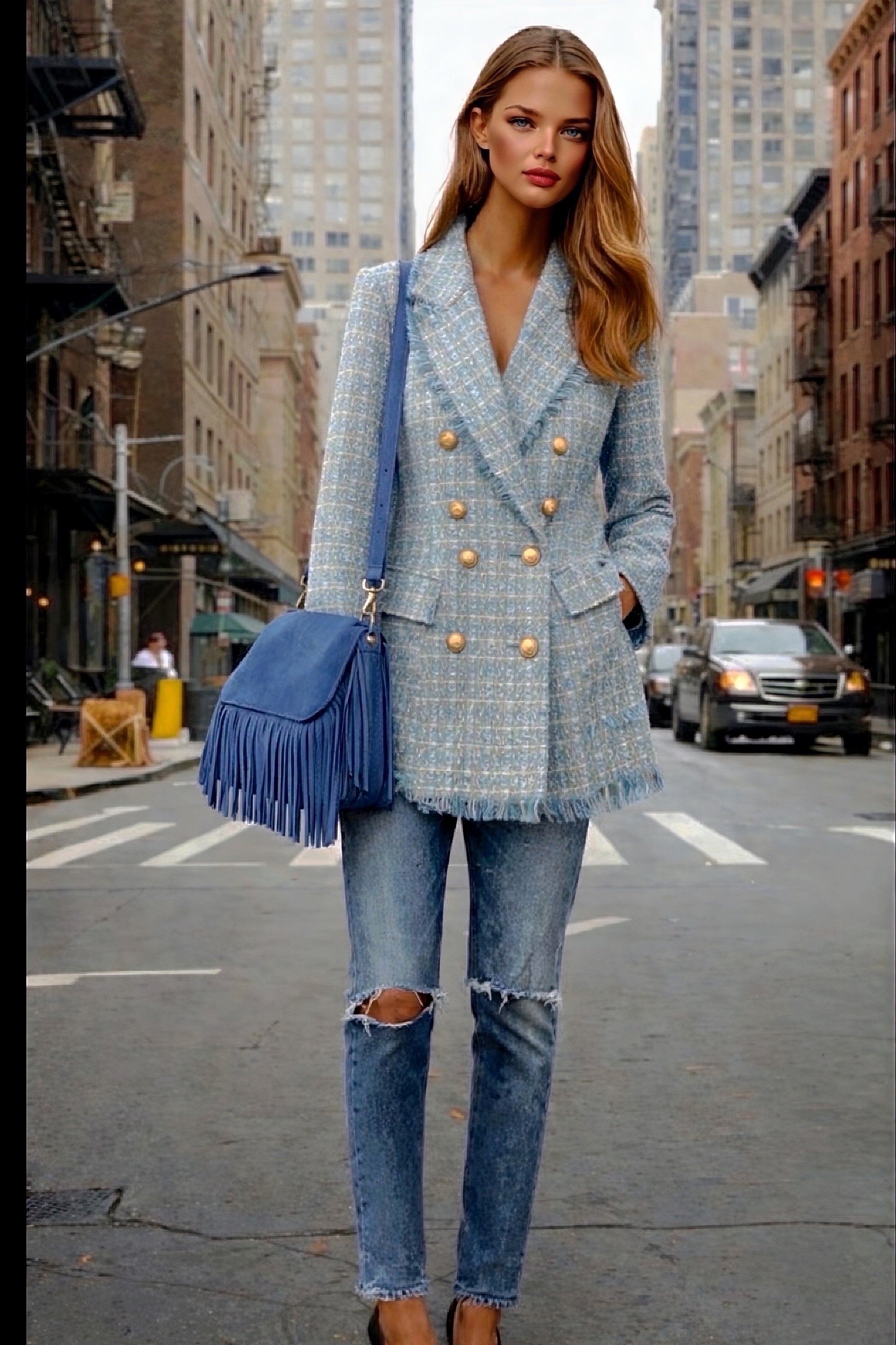 Blazer Cielo tweed larga cruzada de lana, tallas (36-48)