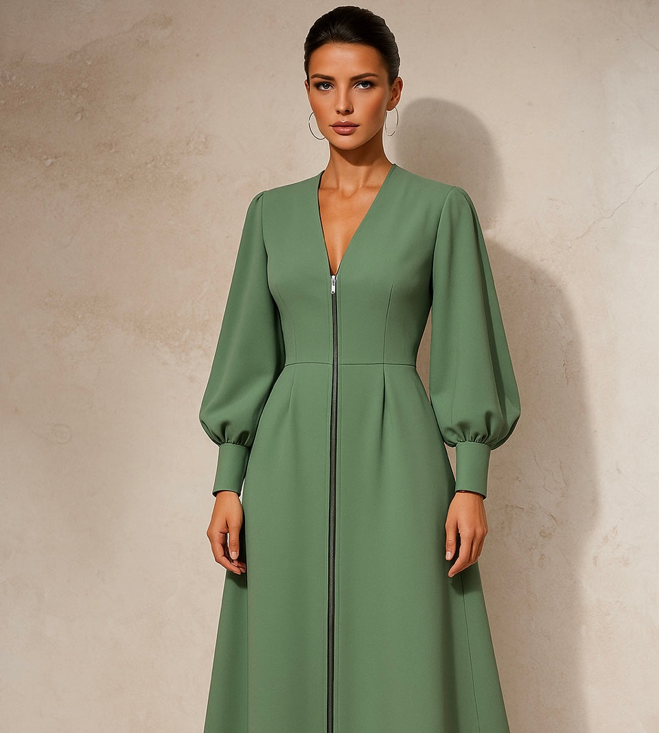 Vestido GRACE MIDI cremallera de crepe algodón licra, tallas (36-48)