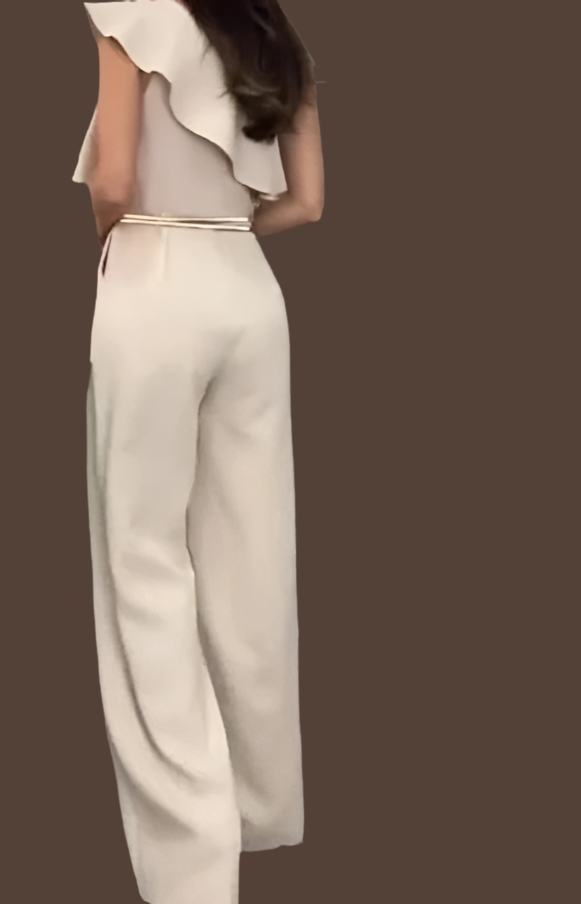 Amalfi Beige ruffled cotton lycra jumpsuit, with gold belt, 4 sizes