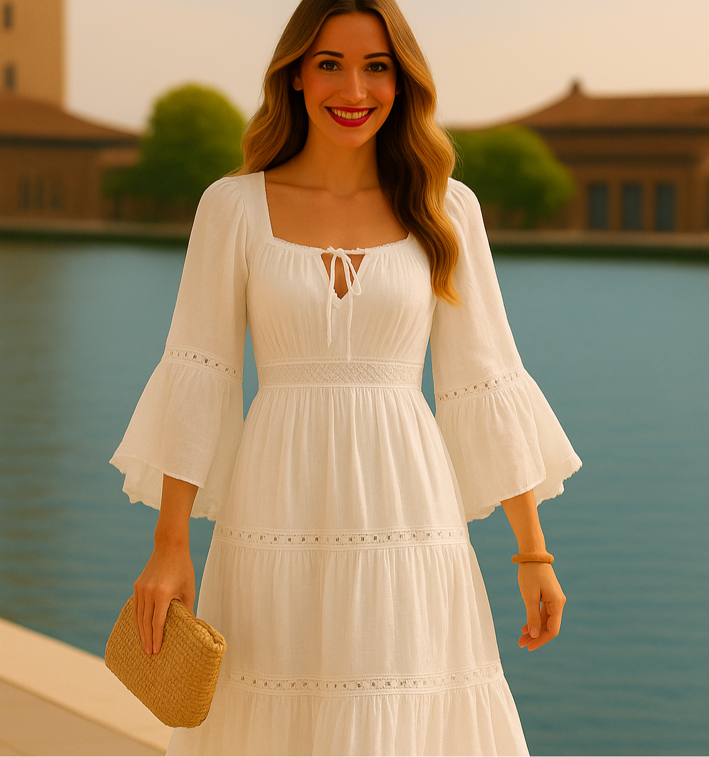 Olivia off-white dress, cotton lycra, sizes (36-46)