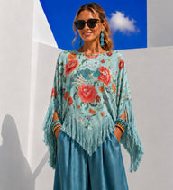 Blusón Aisha satinado flecos azul, talla (34-50)vídeo