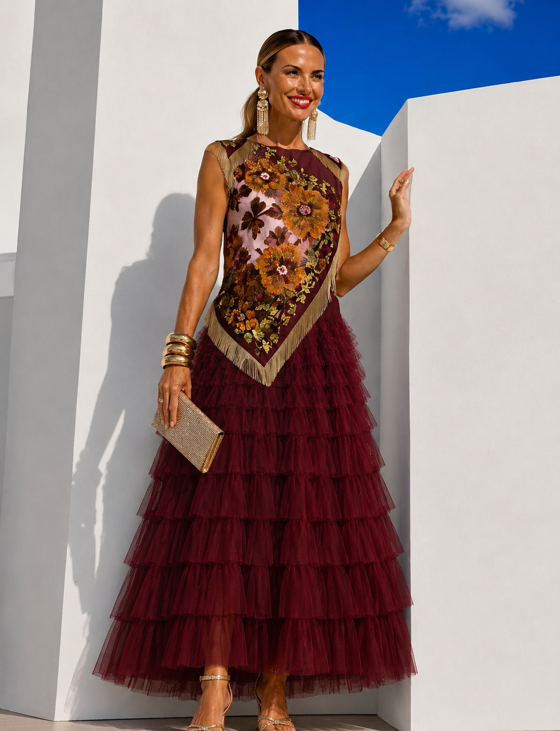 Conjunto Lisboa 2 piezas color vino top estampado y 4 colores de falda tul tupida cintura elástica, tallas (34-48) vídeo