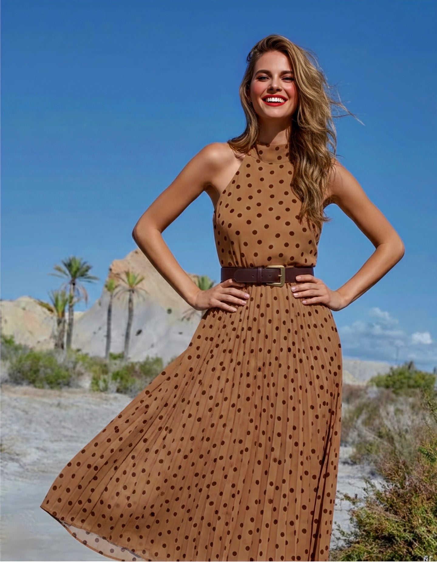 Natali pleated chiffon dress with belt included, 2 colors, sizes (36-46)