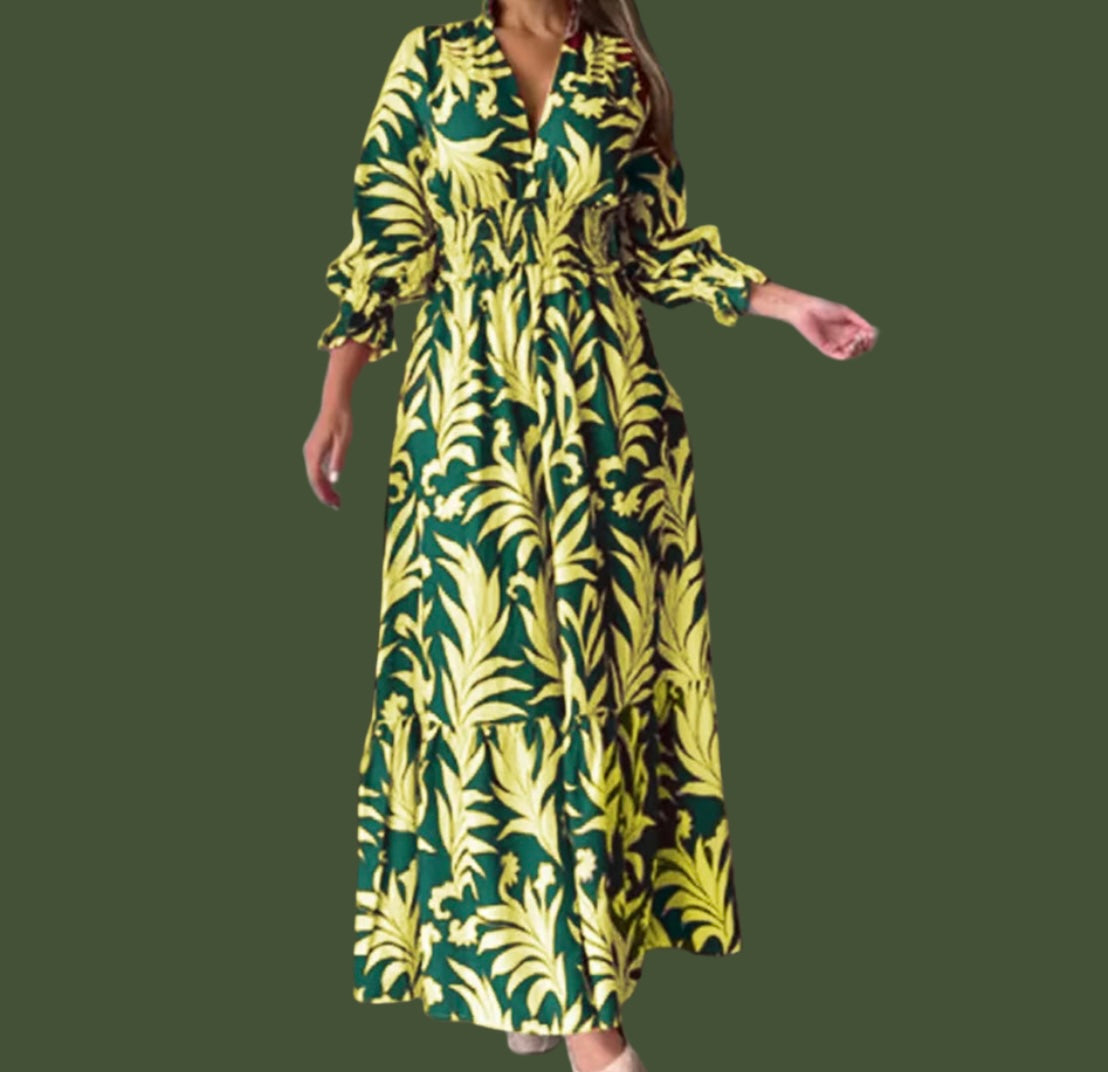 Long Caribbean dress with elasticated waist, printed, 6 colours, 6 sizes from 36-48