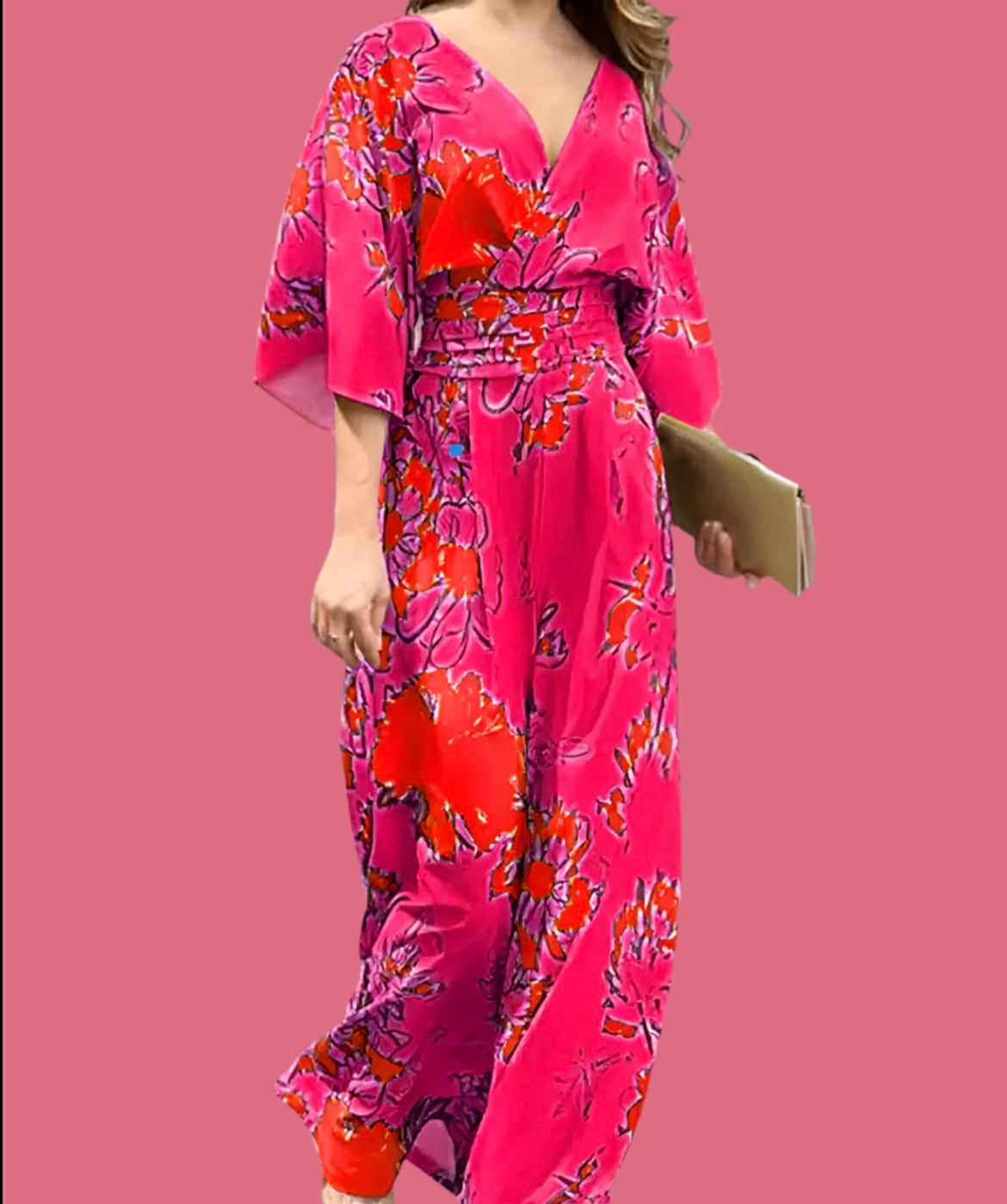 London V-neck printed chiffon jumpsuit, 2 colors, 8 LARGE SIZES from 36 to 50