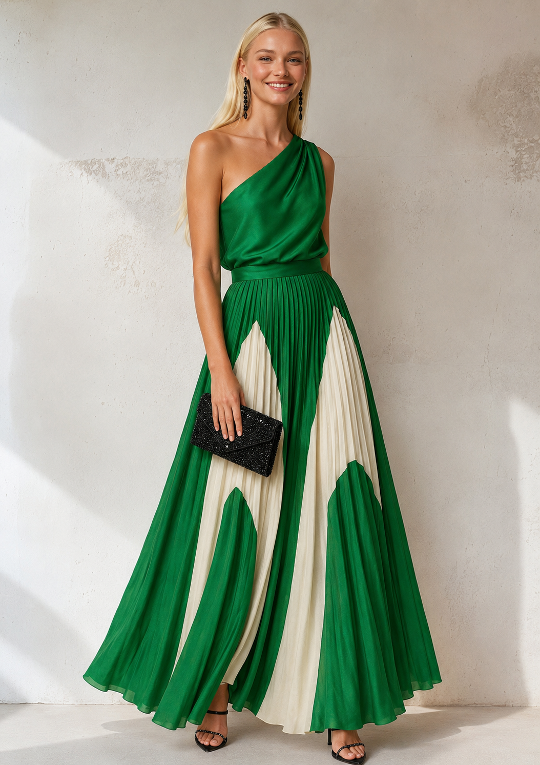 Vestido Sabrina asimetrico chiffon gasa plisado, 3 colores, tallas (34-46) vídeos