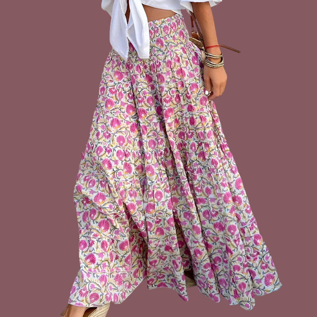 Long floral Gypsy skirt with elastic waist, 2 prints, 5 sizes