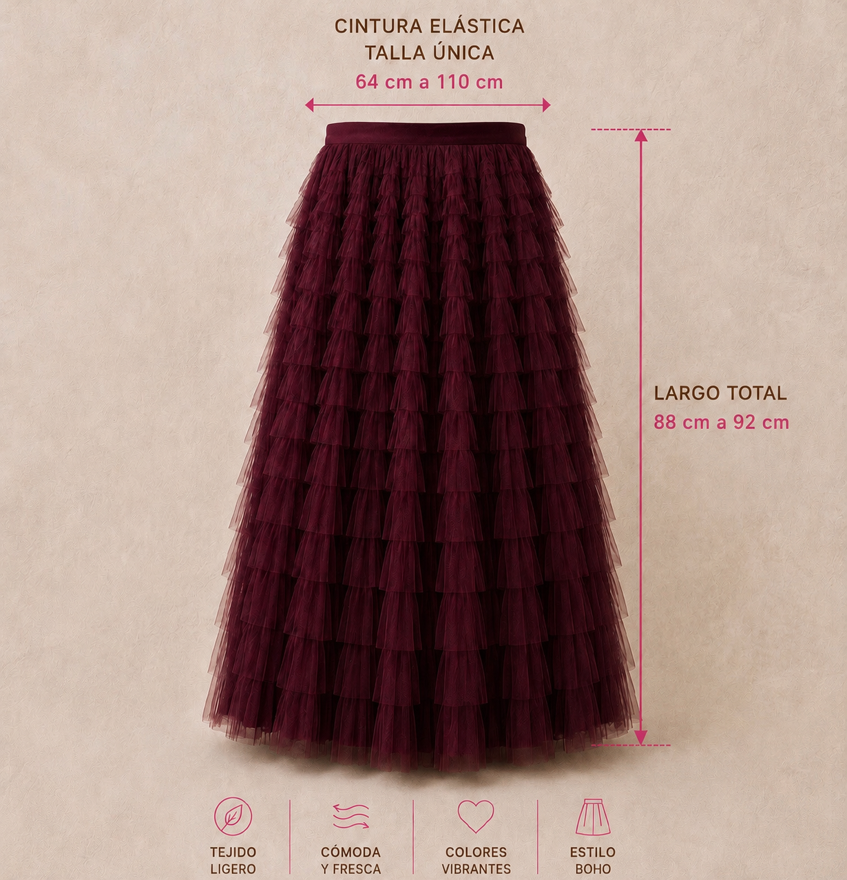 Lisboa soft tulle skirt with lining, 4 colors, one size 64cm to 110cm elastic waist