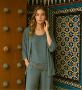 Set of shirt with sequins, jacket and trousers MADELAINE, cotton knit, viscose, lycra, elastane, 3 colours, sizes (36-50), elasticated back waist, trousers.