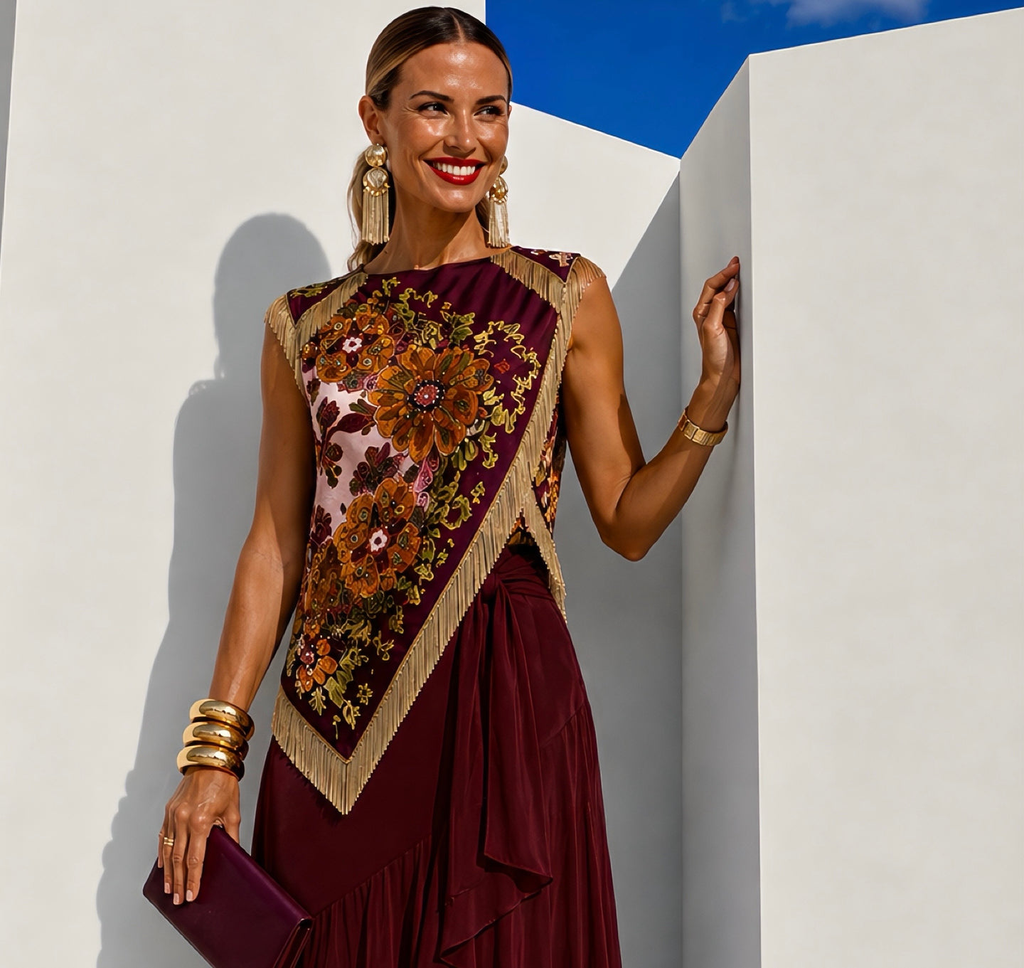 2-piece Fair Set wine printed top and wine ruffled skirt, sizes (34-48) video