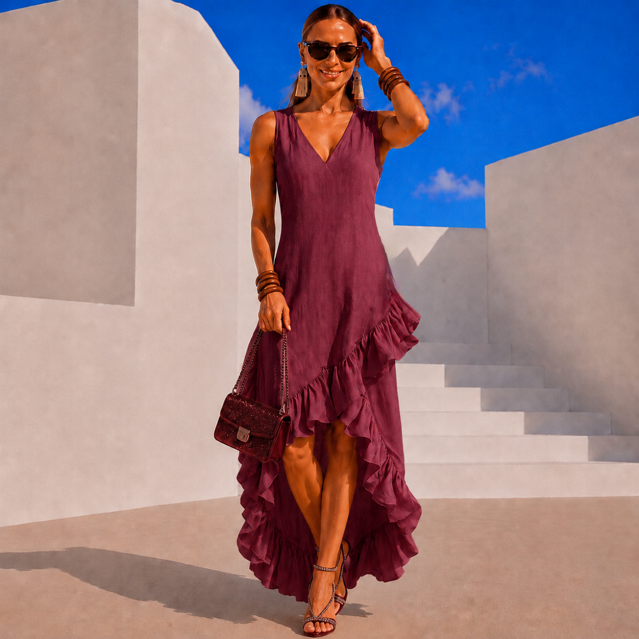 Vestido Costa cuello pico lino de algodón, 5 colores, tallas (34-50) video