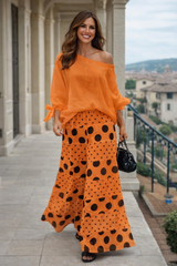 Conjunto Feria lunares 2 piezas top y falda pantalón elástico, 3 estampados, tallas (36-50)