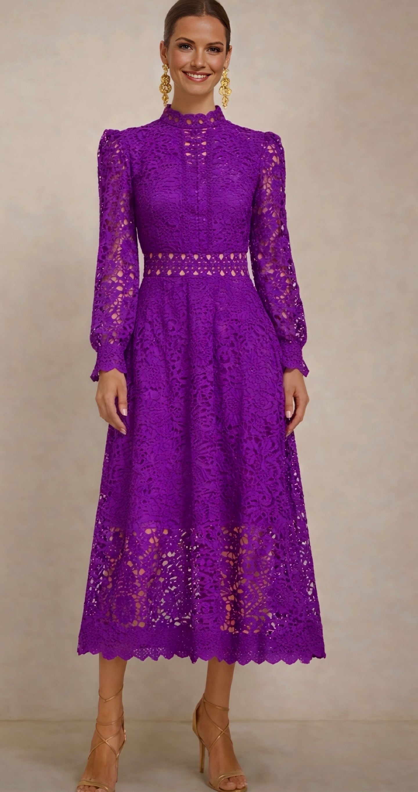 Vestido Bella largo encaje y bordado con forro, 4 colores , tallas (36-48) (video)