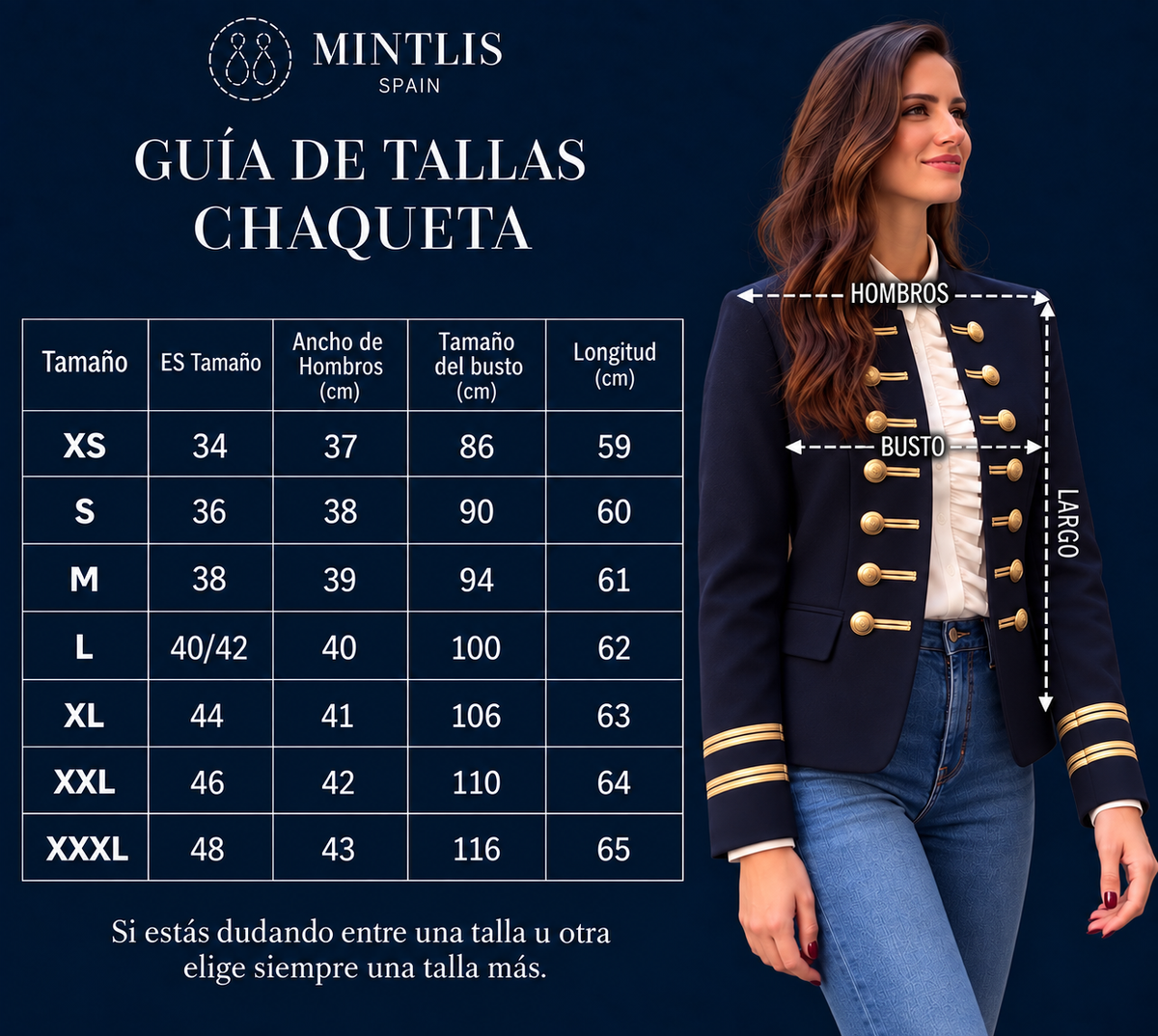 Chaqueta Amore pasamaneria, color azul marino, tallas (34-48) video