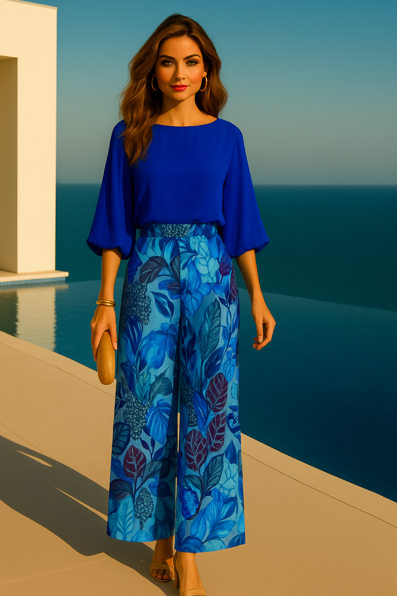 Mintlis women's 2-piece set: satin cotton chiffon shirt and Tropicana stretch pants, 3 colors, sizes (36-50)